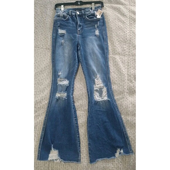 Monkey ultra high rise FlaredJeans Sz 26 Distressed Boho Y2k - Picture 1 of 12